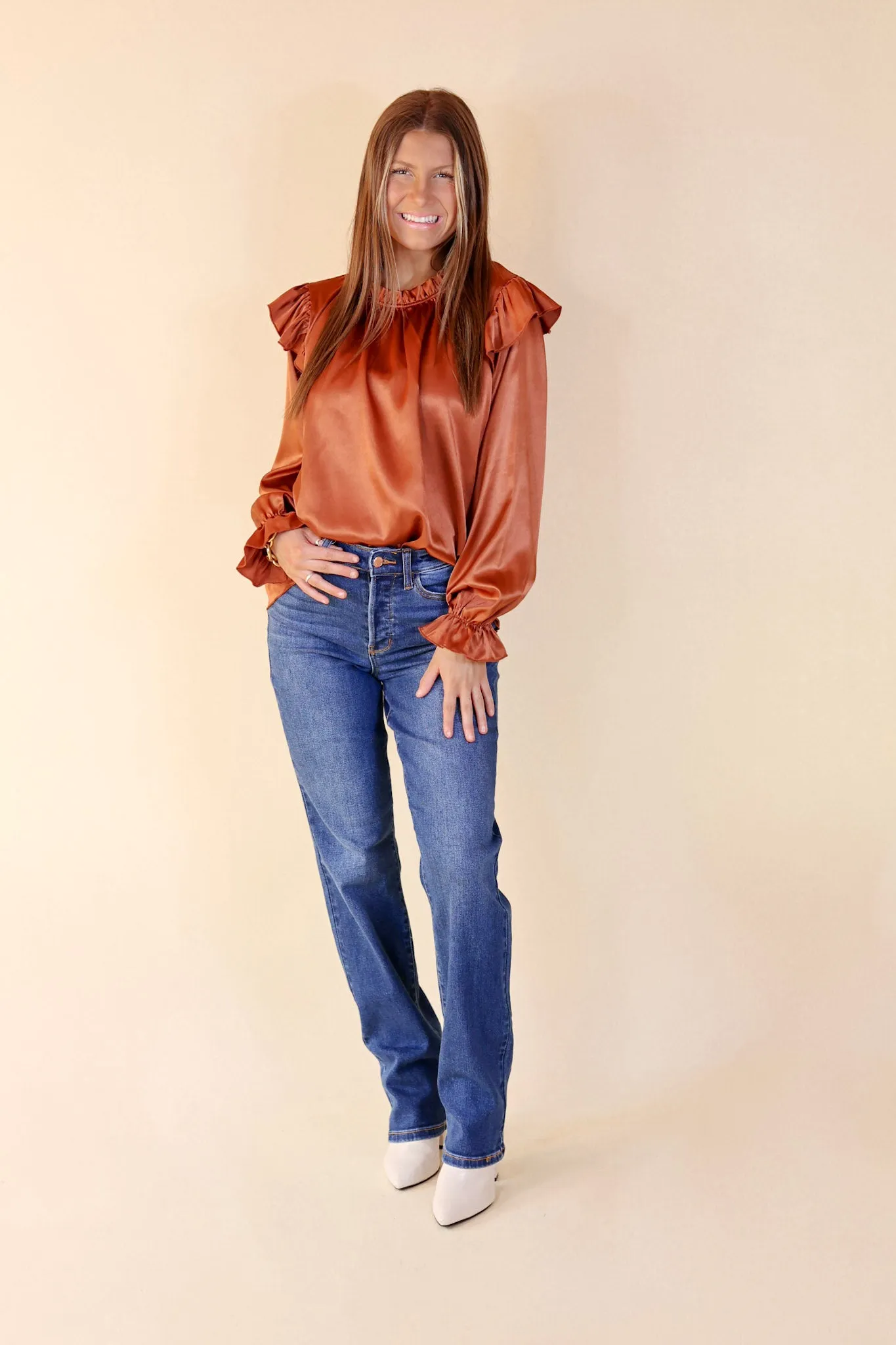 Can't Stop Me Ruffle Mock Neck Long Sleeve Satin Top in Rust Brown