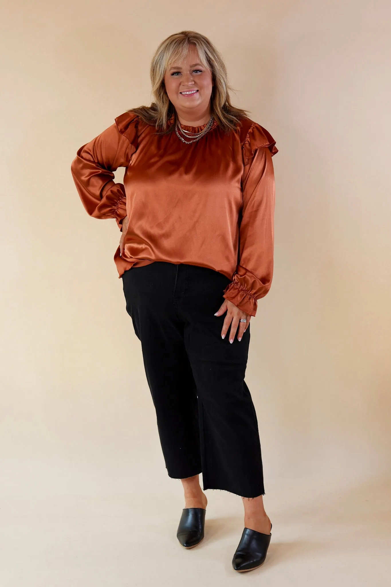 Can't Stop Me Ruffle Mock Neck Long Sleeve Satin Top in Rust Brown