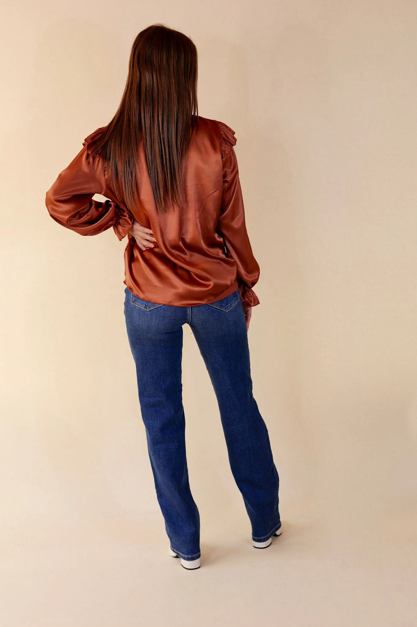 Can't Stop Me Ruffle Mock Neck Long Sleeve Satin Top in Rust Brown