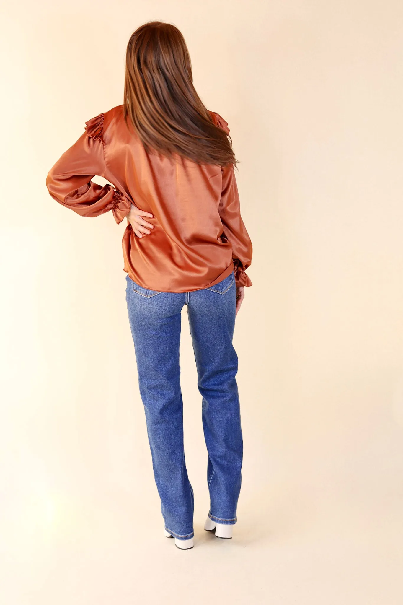 Can't Stop Me Ruffle Mock Neck Long Sleeve Satin Top in Rust Brown