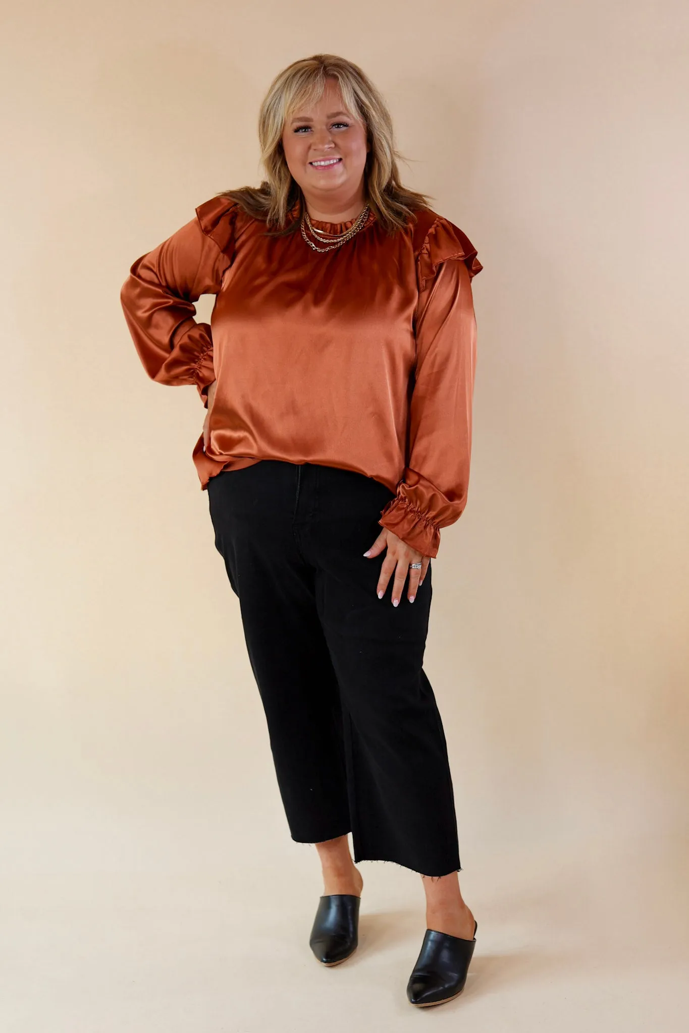 Can't Stop Me Ruffle Mock Neck Long Sleeve Satin Top in Rust Brown