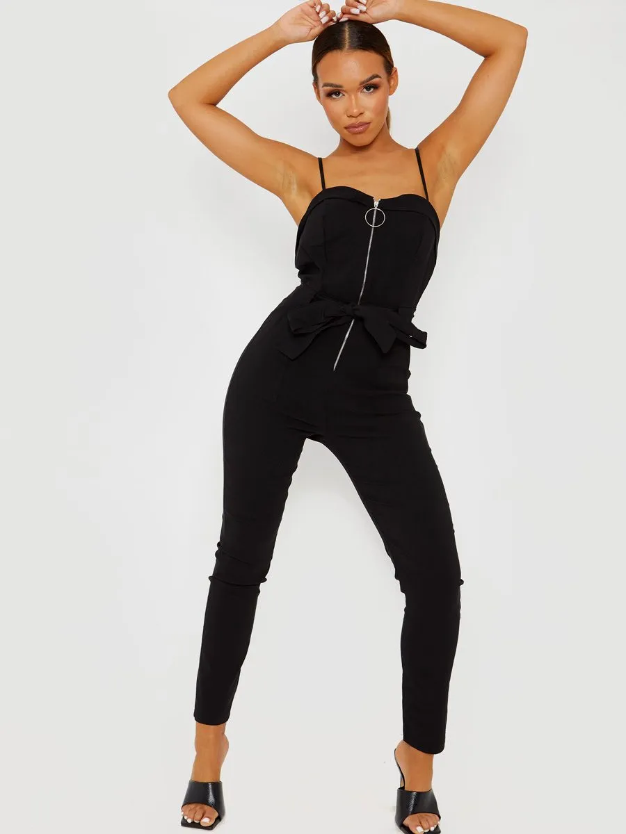 Keyra Zip Front Belted Cami Jumpsuit In Black