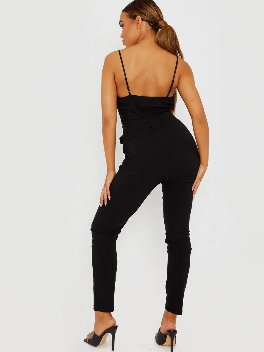 Keyra Zip Front Belted Cami Jumpsuit In Black