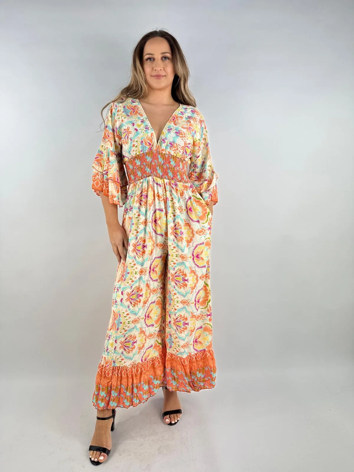 Made in Italy Digital Print V Neck Shirred Elasticated Jumpsuit