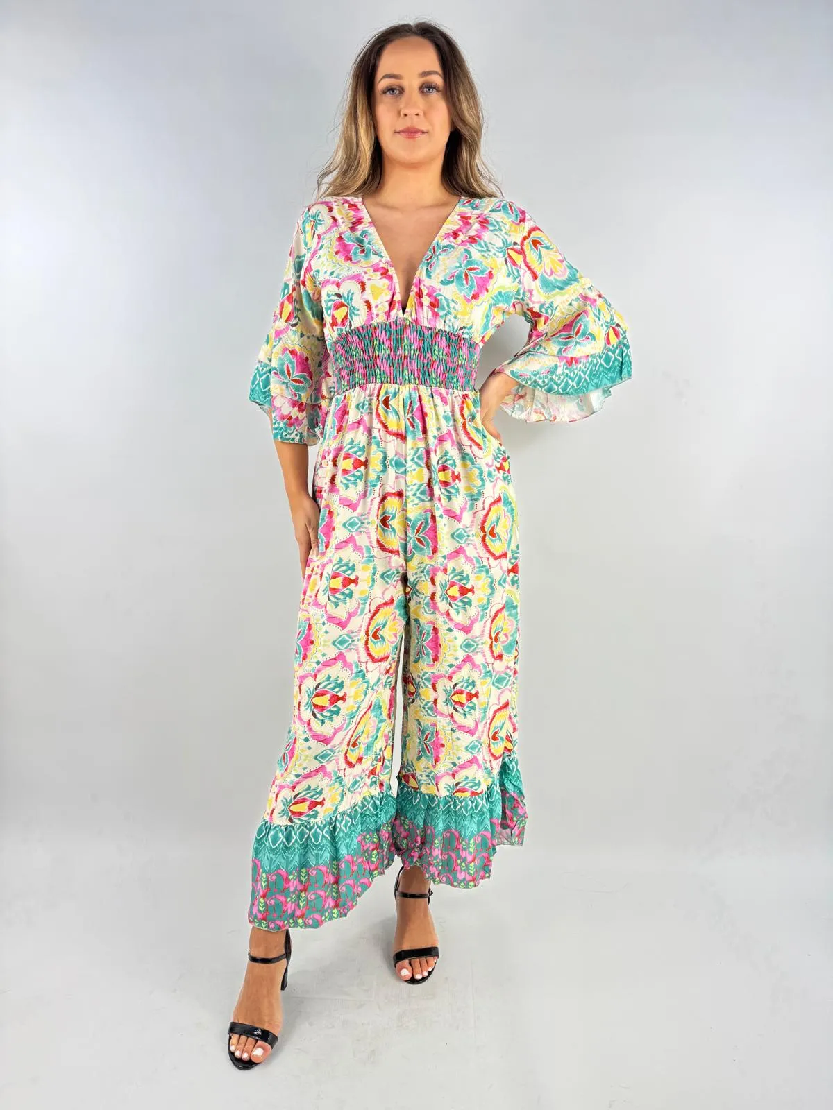 Made in Italy Digital Print V Neck Shirred Elasticated Jumpsuit