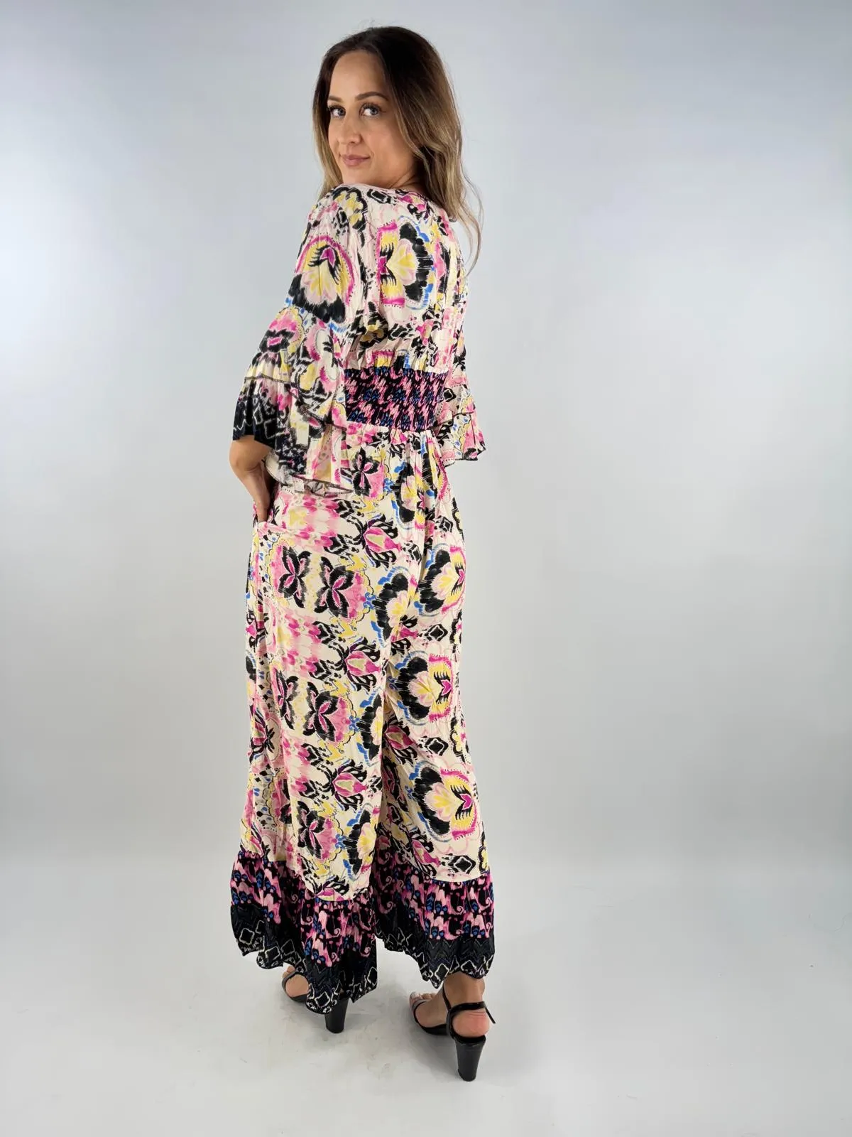Made in Italy Digital Print V Neck Shirred Elasticated Jumpsuit