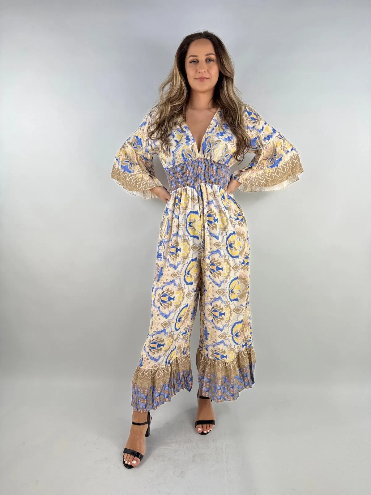 Made in Italy Digital Print V Neck Shirred Elasticated Jumpsuit