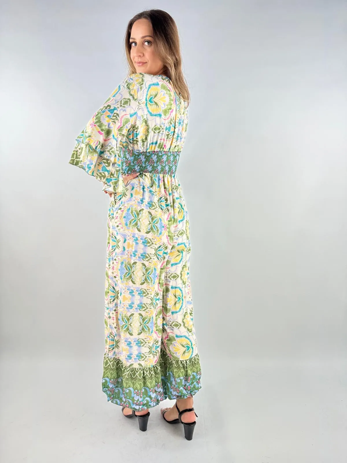 Made in Italy Digital Print V Neck Shirred Elasticated Jumpsuit