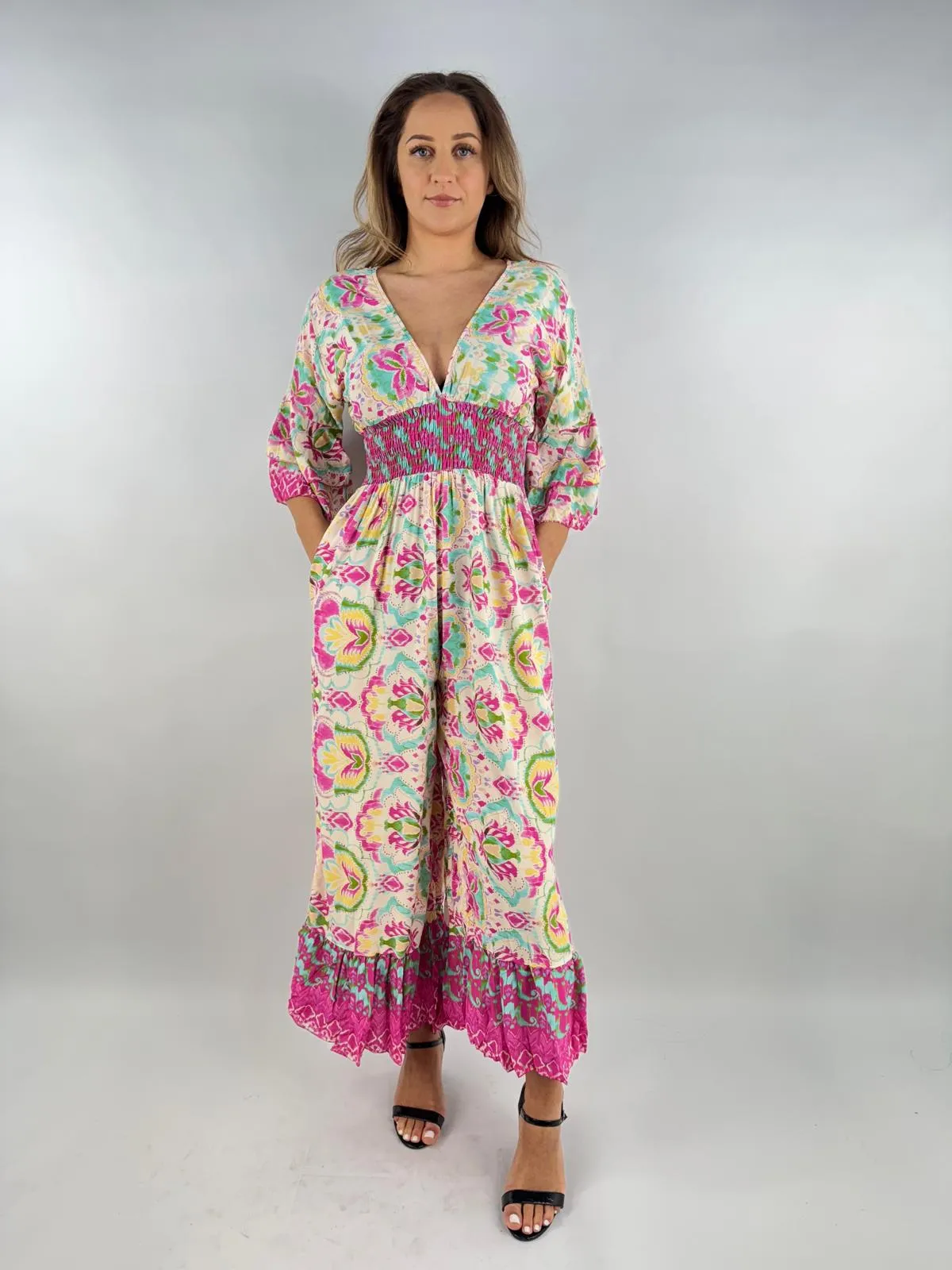 Made in Italy Digital Print V Neck Shirred Elasticated Jumpsuit