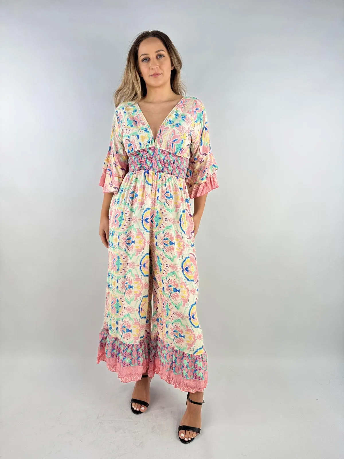 Made in Italy Digital Print V Neck Shirred Elasticated Jumpsuit