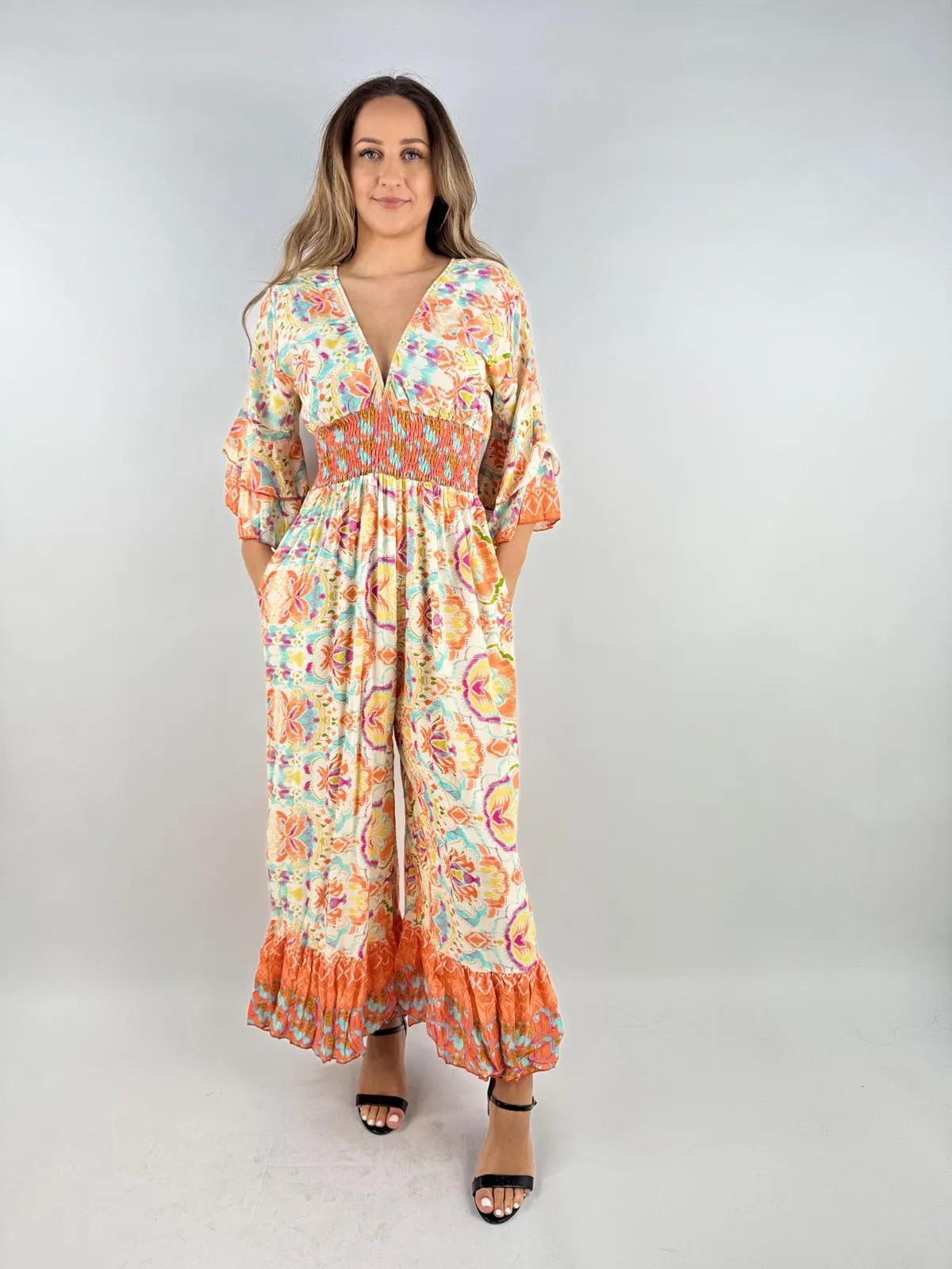 Made in Italy Digital Print V Neck Shirred Elasticated Jumpsuit