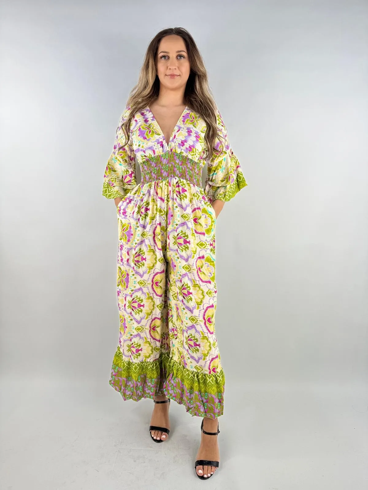 Made in Italy Digital Print V Neck Shirred Elasticated Jumpsuit