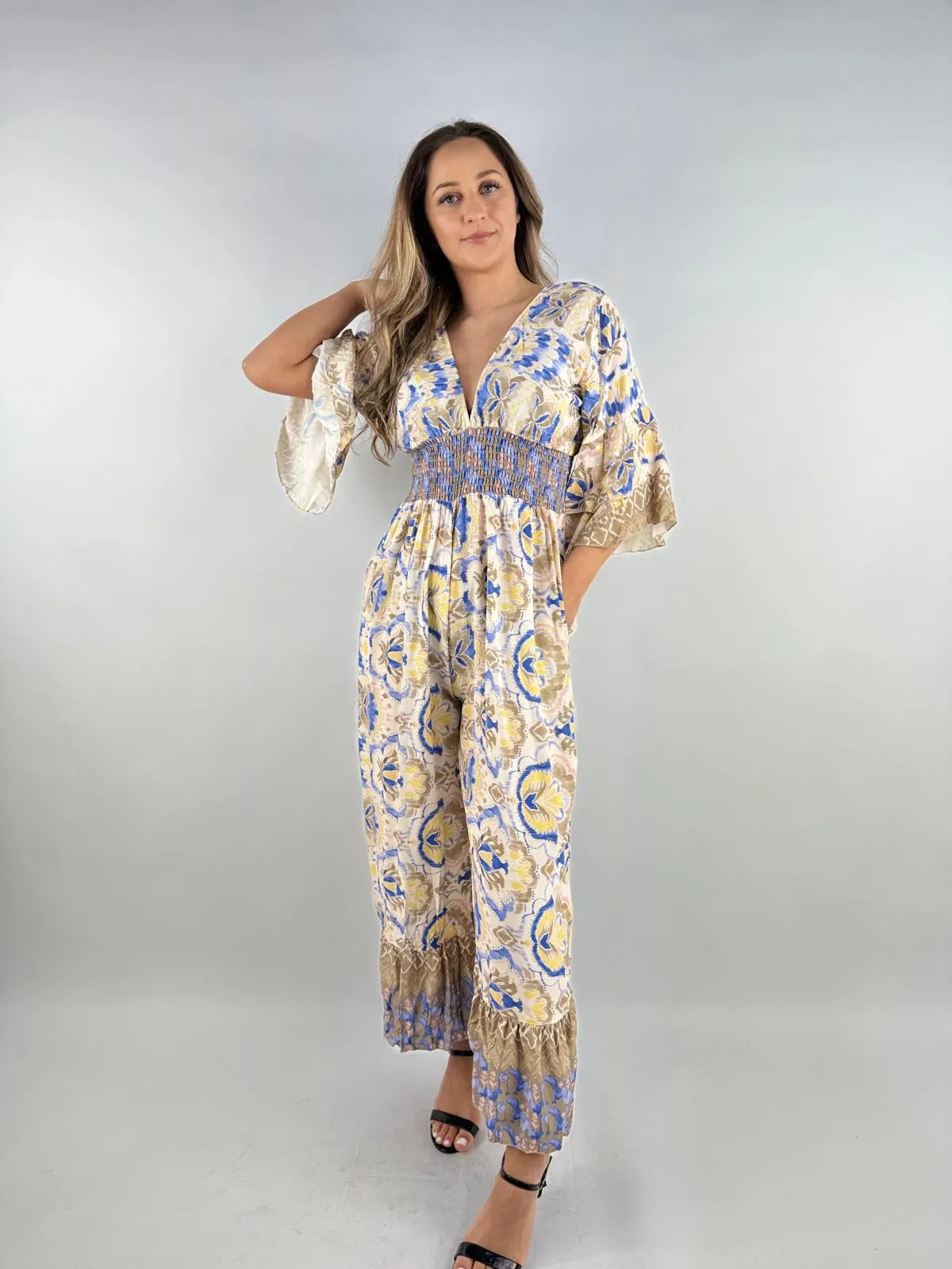 Made in Italy Digital Print V Neck Shirred Elasticated Jumpsuit