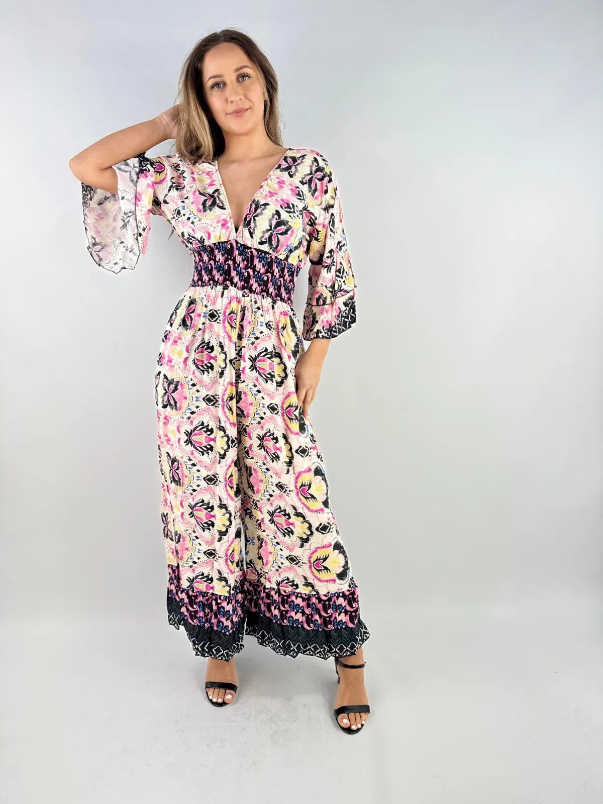 Made in Italy Digital Print V Neck Shirred Elasticated Jumpsuit