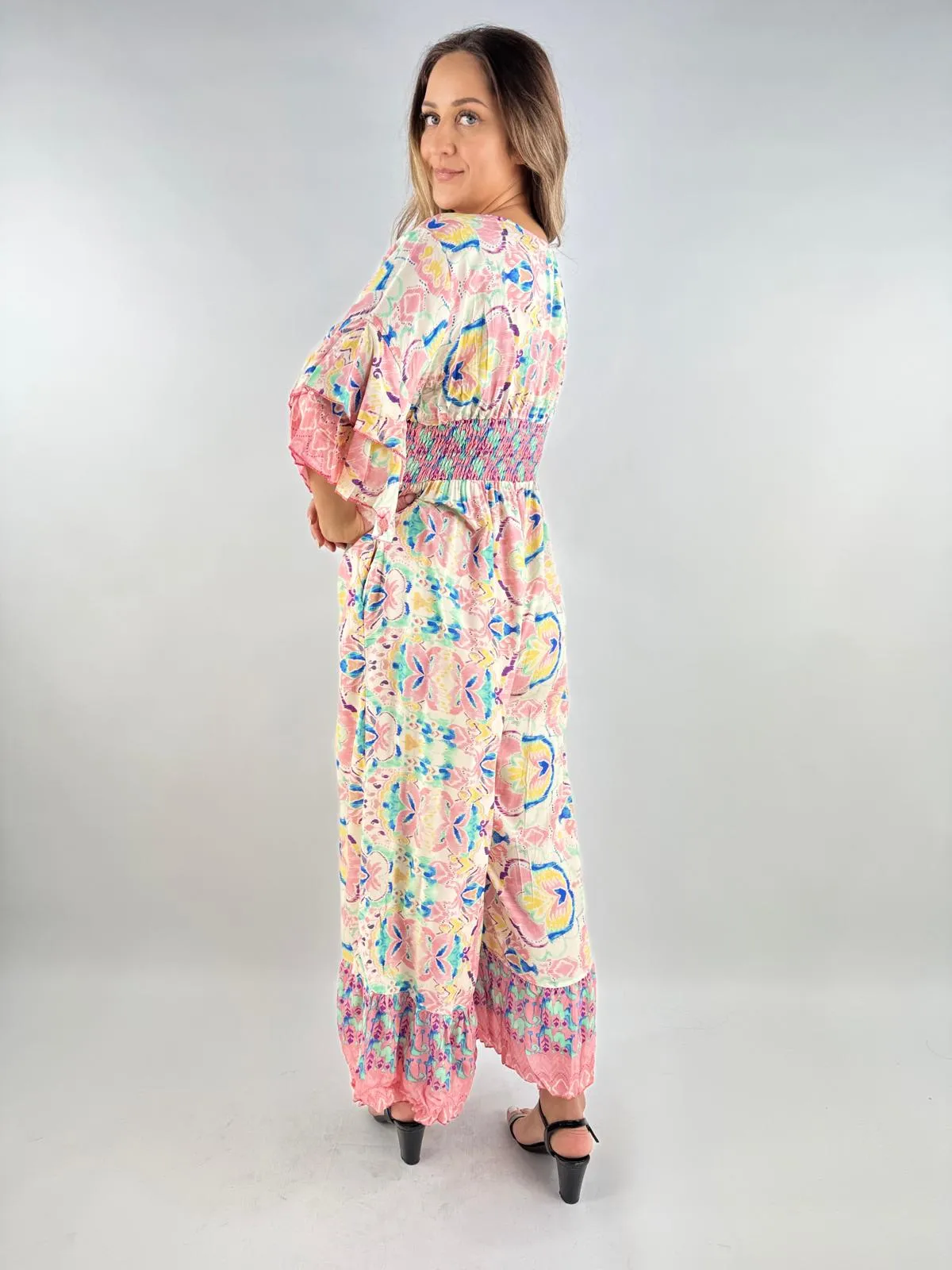 Made in Italy Digital Print V Neck Shirred Elasticated Jumpsuit