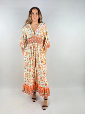 Made in Italy Digital Print V Neck Shirred Elasticated Jumpsuit
