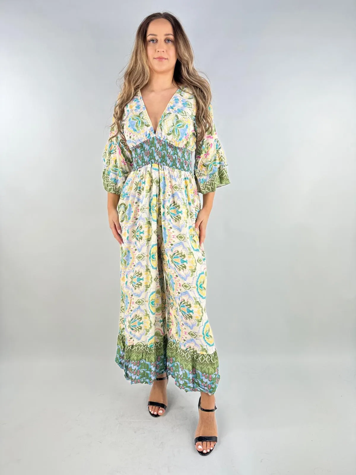 Made in Italy Digital Print V Neck Shirred Elasticated Jumpsuit
