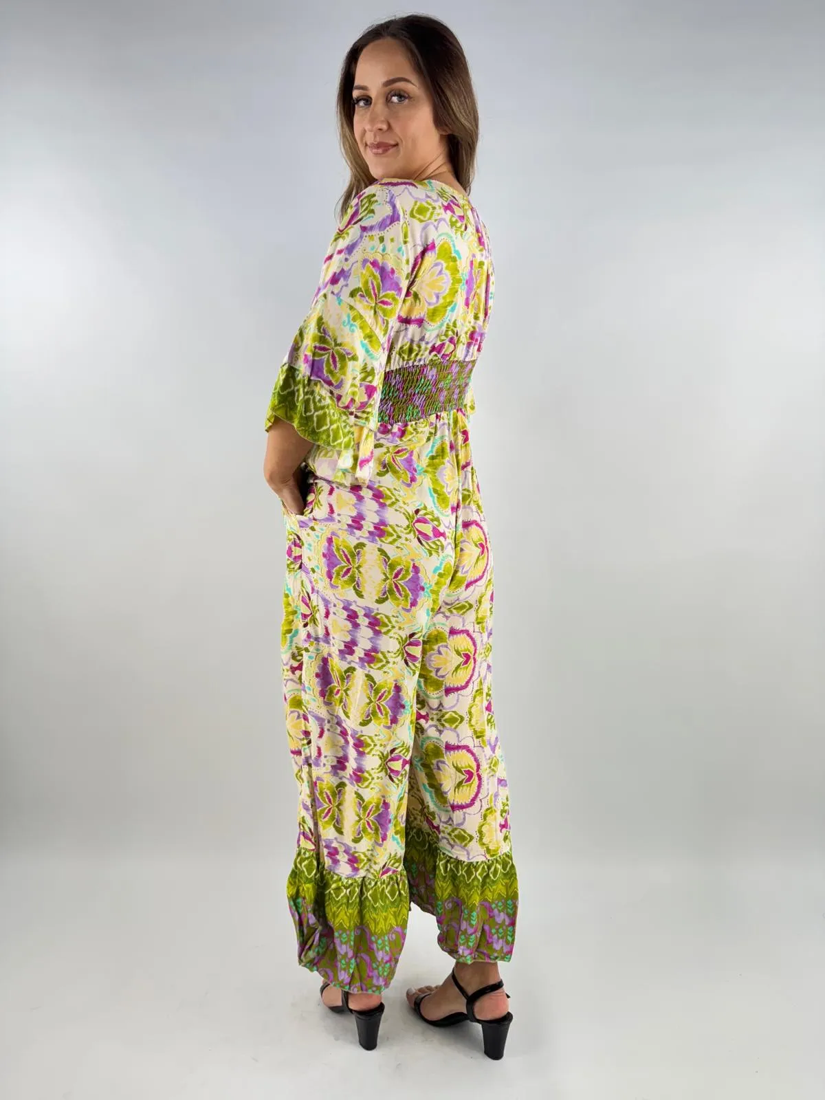 Made in Italy Digital Print V Neck Shirred Elasticated Jumpsuit