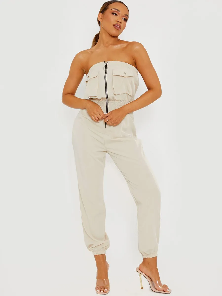 Mariem Utility Cargo Bandeau Jumpsuit In Stone