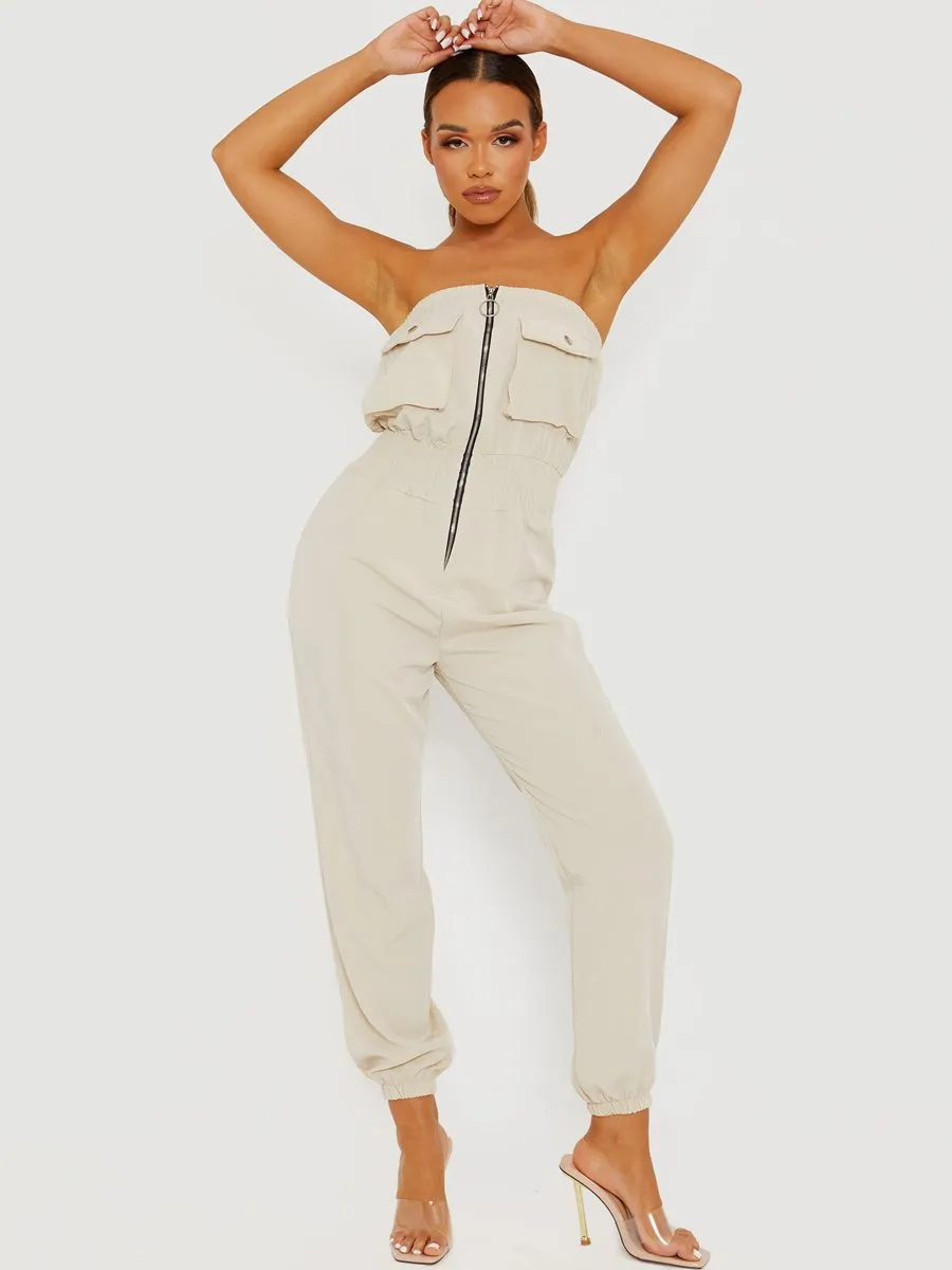 Mariem Utility Cargo Bandeau Jumpsuit In Stone
