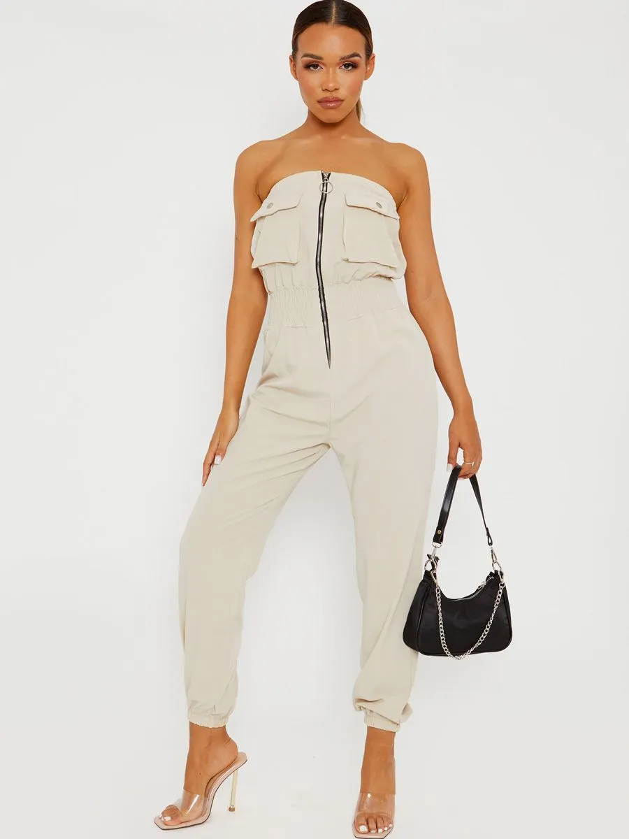 Mariem Utility Cargo Bandeau Jumpsuit In Stone
