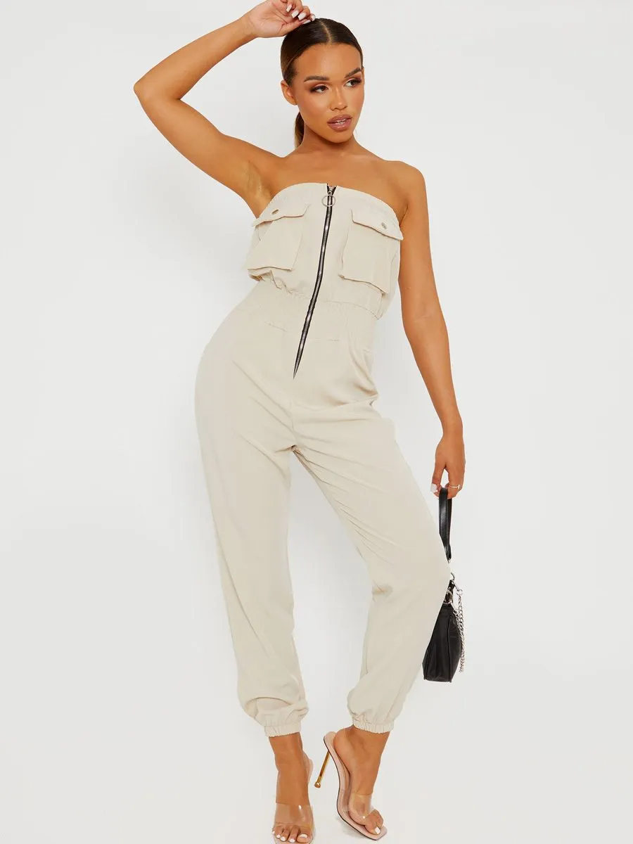 Mariem Utility Cargo Bandeau Jumpsuit In Stone