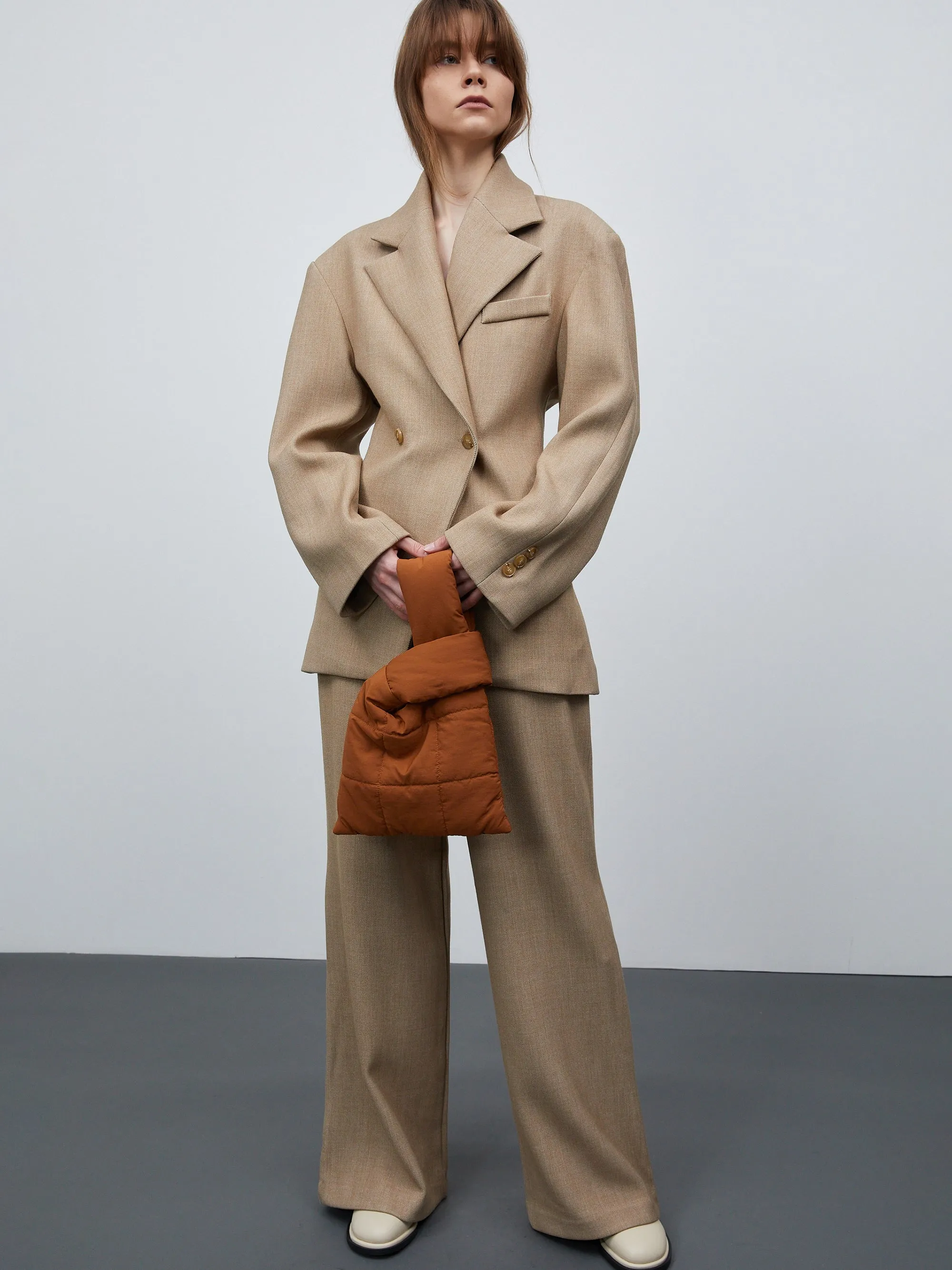 Nangy Double Breasted Cinched Blazer, Tan Beige