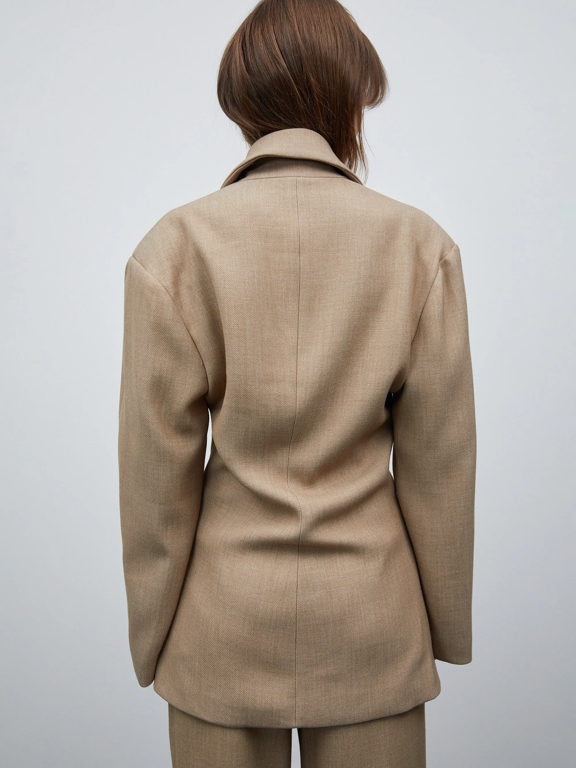 Nangy Double Breasted Cinched Blazer, Tan Beige