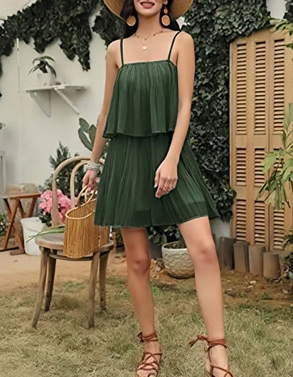 Plain Solid-color Backless Strap Jumpsuit Wide Leg Shorts