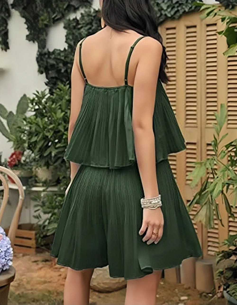 Plain Solid-color Backless Strap Jumpsuit Wide Leg Shorts