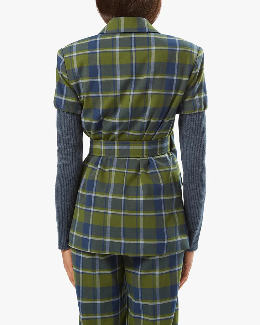 Rib Sleeve Classic Plaid Blazer