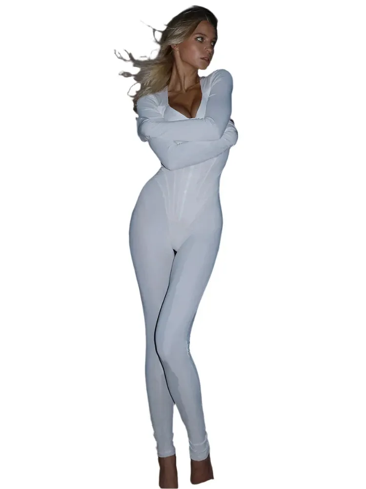 Solid Color Long Sleeve Skinny Jumpsuit for Women – Sexy Deep V-Neck Zipper Slim Fit Leggings, Autumn & Winter Fashion