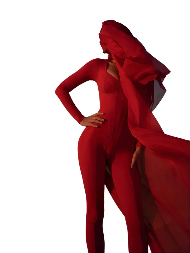 Solid Color Long Sleeve Skinny Jumpsuit for Women – Sexy Deep V-Neck Zipper Slim Fit Leggings, Autumn & Winter Fashion