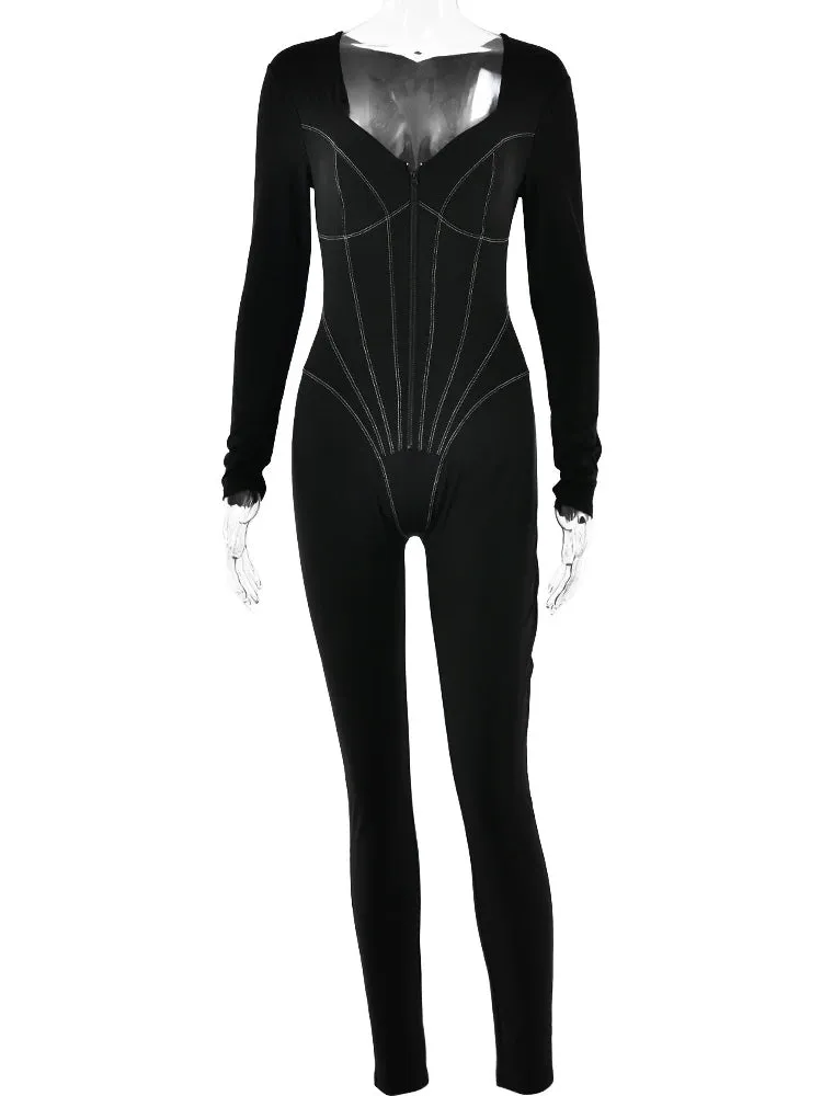 Solid Color Long Sleeve Skinny Jumpsuit for Women – Sexy Deep V-Neck Zipper Slim Fit Leggings, Autumn & Winter Fashion