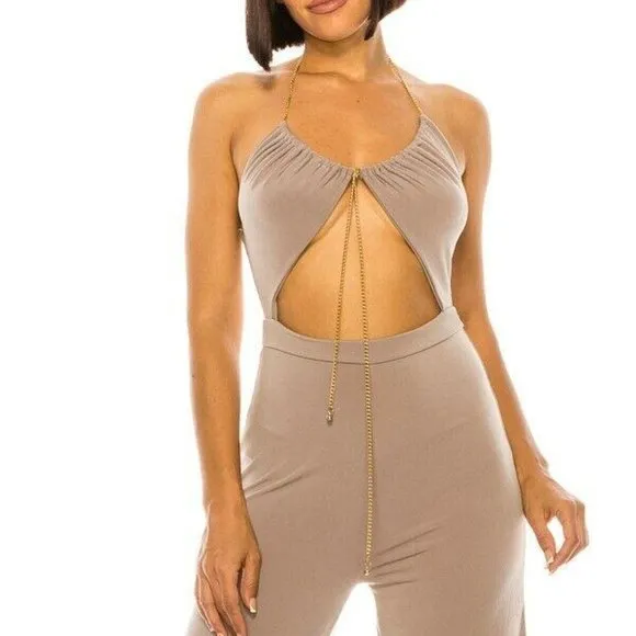 SOLID HALTER CHAIN DETAILED JUMPSUIT-NUDE