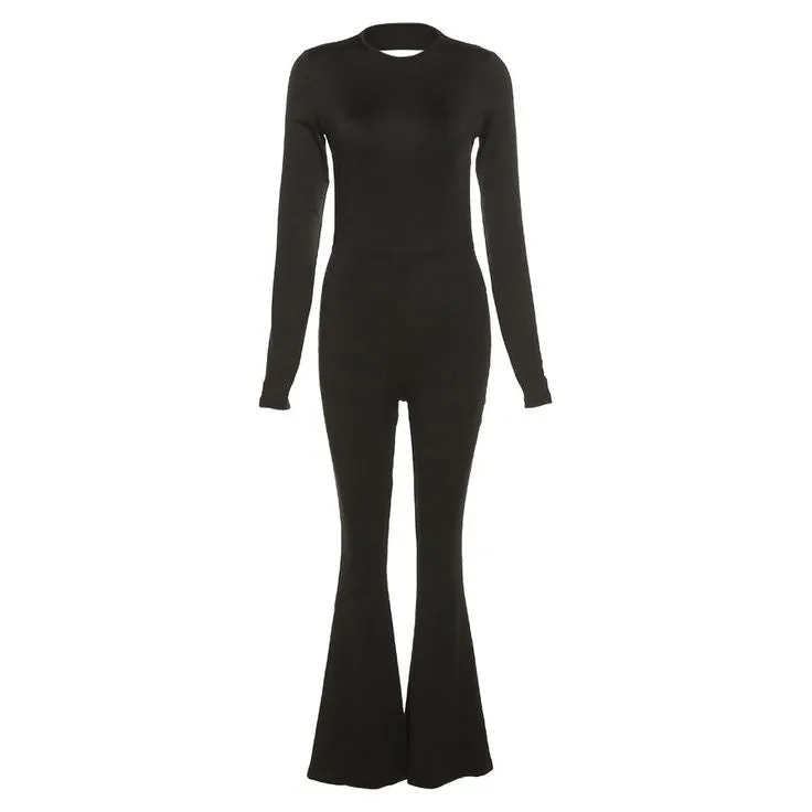 Solid Open Back Flared Leg Jumpsuit
