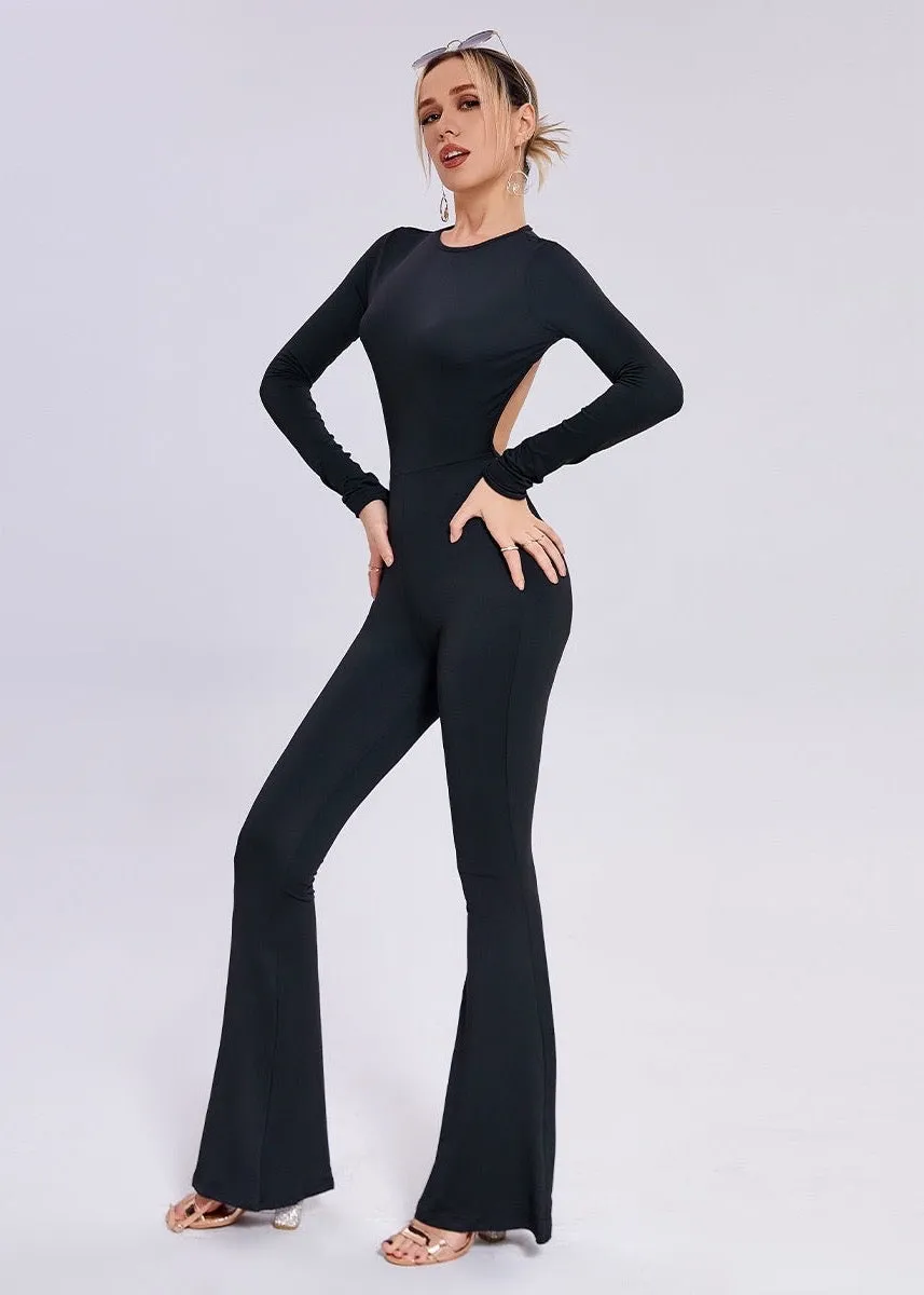 Solid Open Back Flared Leg Jumpsuit