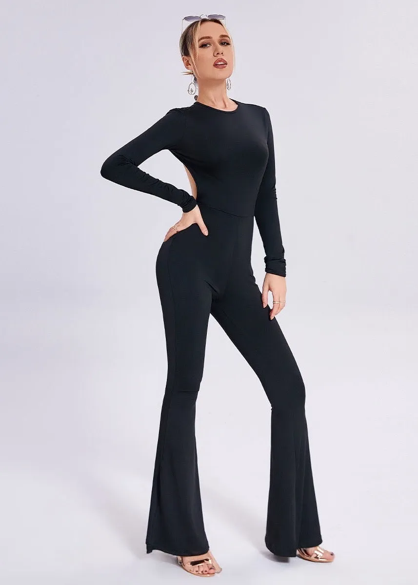 Solid Open Back Flared Leg Jumpsuit